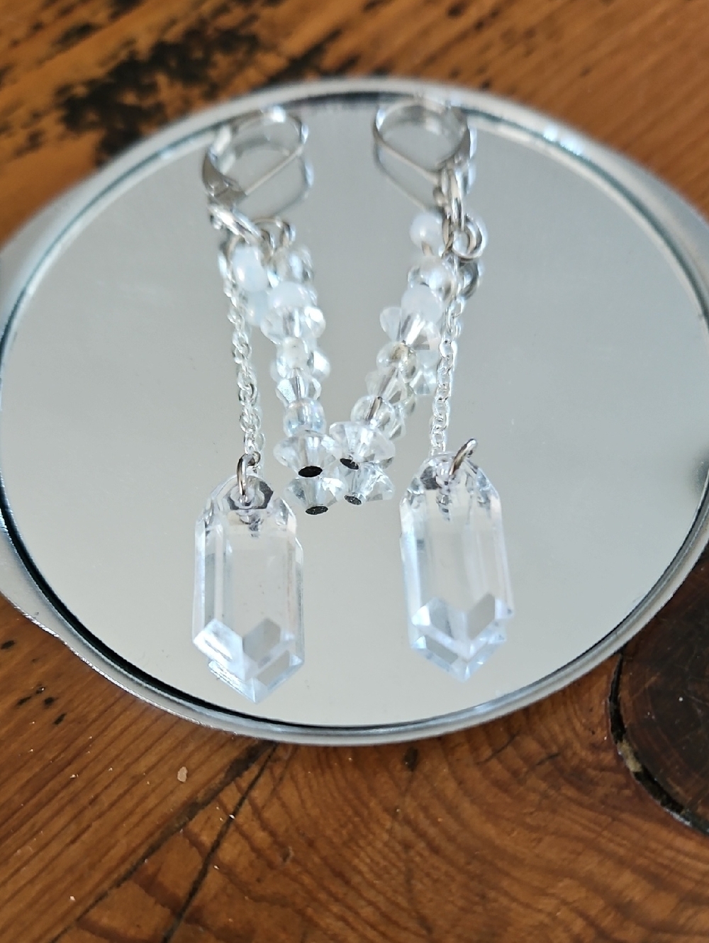 🕶️Hand Crafted Silver Lever Back Posts Clear Crystal Drop With White Earring